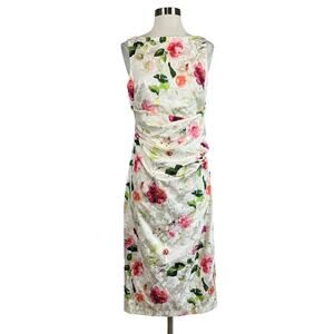 Eliza J Floral Print Sleeveless Midi Sheath Ruched Cocktail Dress White Size 6